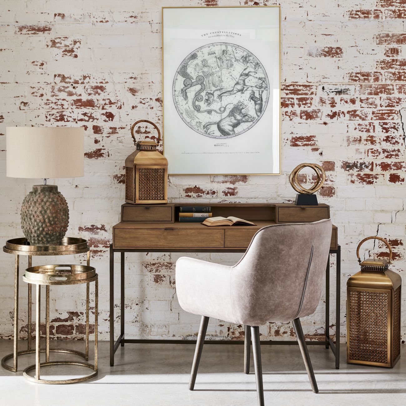 Set of 2 Constellation Map Antique Gold Side Tables